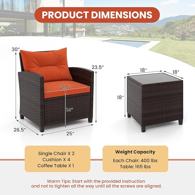 HAPPYGRILL 3 Pieces Patio Conversation Set, Outdoor Furniture Set PE Rattan Sofa Set with Removable Cushions, PE Wicker Chairs with Tempered Glass Side Table for Porch Lawn Garden Balcony Backyard