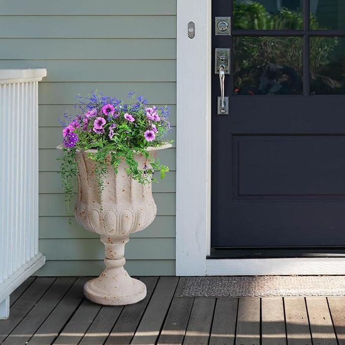 Worth Garden 25" H. Metal Urn Planters 1-Pack - White Classic Antique Iron Plant Pots - Large Decorative Rustic Flower Pots for Outdoor Use - Traditional Urn Planter for Patio, Front Porch