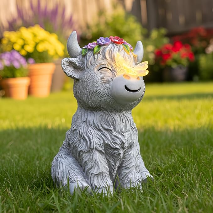 Solar Highland Cow Garden Statue with Glowing Butterfly, Outdoor Highland Cow Decorations for Patio Yard Lawn Ornaments, Gifts for Mom/Grandma Birthday Housewarming