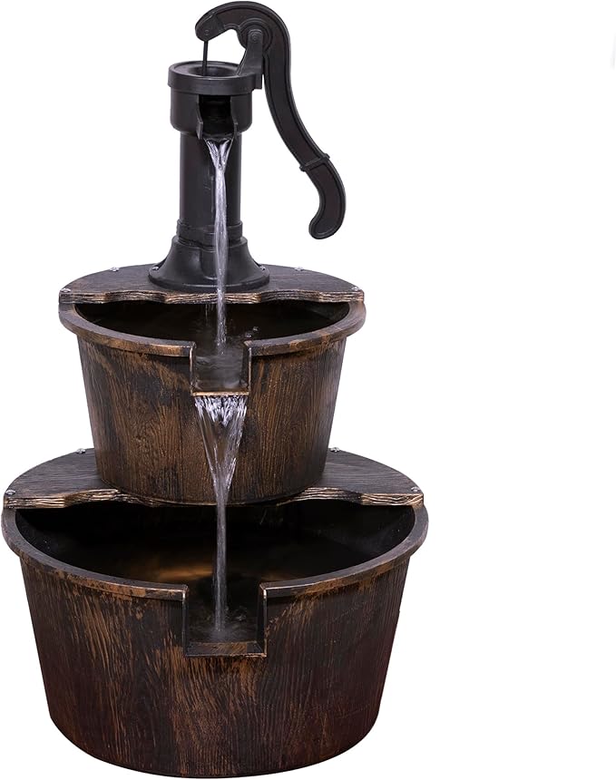 Alpine Corporation 27" Tall Rustic Outdoor 2-Tier Barrel Pump Water Fountain with Soothing Cascading Water Flow for Patio, Yard, Porch, or Landscape, Bronze