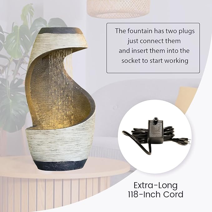 Modern Free Standing Water Fountain, Spiral Indoor Water Feature Waterfall for Patio, Balconies, Lawns, Desk 20" H Garden Fountain with Cascading Waterfall and LED Light, Home Decor