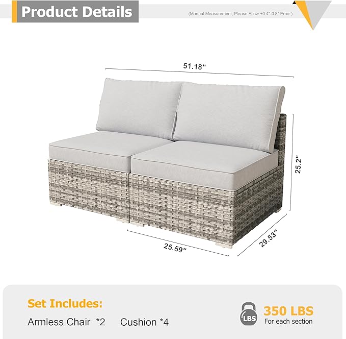HOOOWOOO Patio Sectional Furniture Set,2 Piece Couch Set with 2 Matching Armless Chairs(Light Grey)