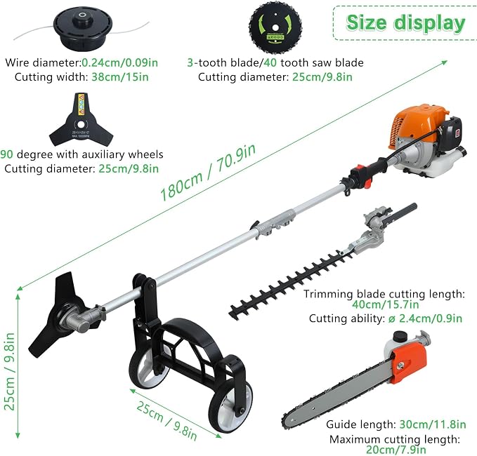 8-in-1 Multi-Functional Gas Weed Eater & Brush Cutter, 52CC 2-Cycle Gas Powered Hedge Trimmer/Edger/Pole Saw/String Trimmer with Extension Pole, 2.3KW High-Performance Engine for Lawn & Yard - Image 9