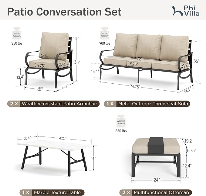 PHI VILLA Patio Conversation Sets 6 Piece, Deluxe Outdoor Patio Set for 5-7 Person with 3 Seater Padded Deep Seating Bench, 2 Padded Armrest Sofa Chairs, 2 Ottoman and & 1 Coffee Table