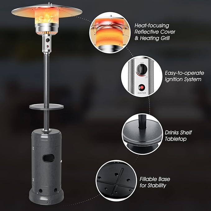COSTWAY Patio Heater, 50,000 BTU Propane Heater with Drink Shelf Tabletop, Wheels, Simple Ignition System and Base Reservoir, Standing Outdoor Space Heater for Home Residential Commercial (Grey)