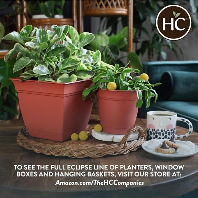 The HC Companies 12 Inch Eclipse Square Planter with Saucer - Indoor Outdoor Plant Pot for Flowers, Vegetables, and Herbs, Warm Gray (Pack of 4)