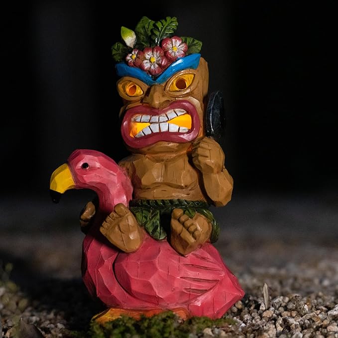 Tiki Outdoor Statue with Flamingos Decor - Solar Powered Garden Figurine Tiki Art for Tiki Bar,Backyard,Garden,Yard,Flowerbed,Walkway,Patio,Lawn,Porch Decorations,Gifts