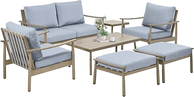 HAPPATIO Patio Outdoor Furniture Set - 7 Pieces Aluminum Outdoor Conversation Set Includes 1 Loveseat, 1 Coffee Table, 1 Side Table, 2 Armchairs, and 2 Ottomans for Porch, Lawn (Brown)