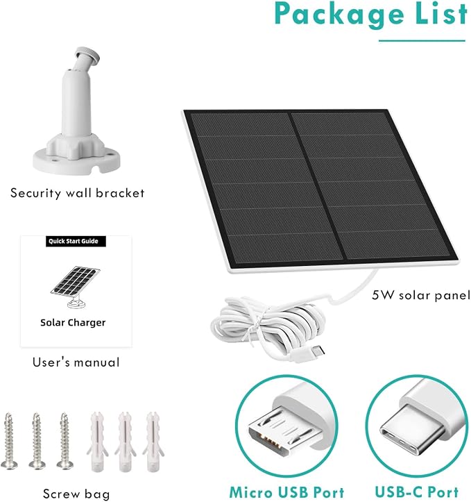 5W Solar Panel for Security Camera, USB Solar Panel for DC 5V Outdoor Rechargeable Battery Camera, Solar Panels with Micro USB and USB-C Port, Adjustable Security Mount, IP65 Waterproof, 9.8ft Cable - Image 7