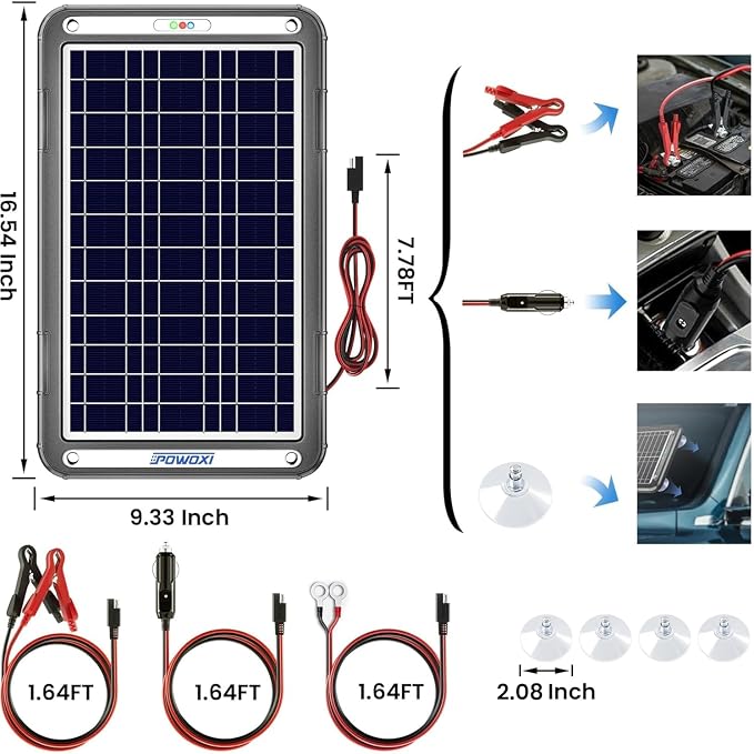 POWOXI 12V Solar Car Battery Charger: 12W Solar Trickle Charger Maintainer with MPPT Controller for Car - RV Boat Marine Motorcycle - Solar Panel Kit for Automotive Trailer Truck Snowmobile Tractor - Image 9