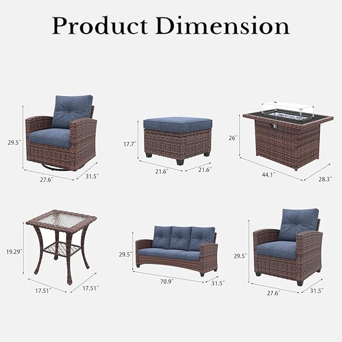 LayinSun 10 Pieces Patio Furniture Set with Swivel Chairs, Rattan Wicker Rocking Glide Chairs with 44" Propane Gas Fire Pit Table Conversation Set