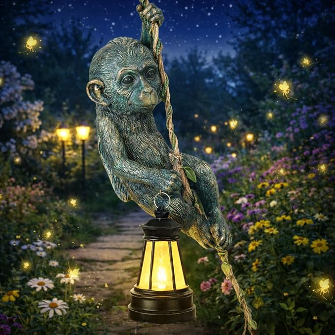Solar Light Outdoor Monkey Statues Bronze 7.48 Inch Resin Chimpanzee Baby Monkey Climbing on Vine with LED Lantern Waterproof Hanging Figurine with Hook for Yard Garden Wall