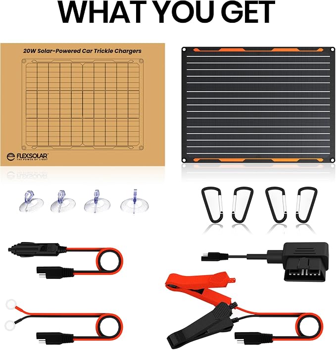 FlexSolar 20W 12V Solar Panel Battery Charger Maintainer Kits Trickle Charger with Built-in Charge Controller, Cigarette Lighter, Alligator Clips, O-Rings OBDII Connector for Car, Truck,Tractor, Boat - Image 7