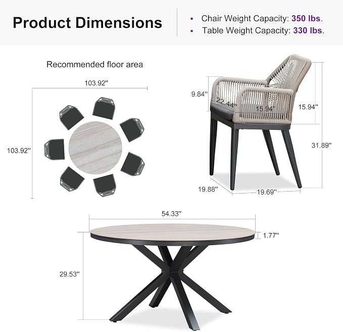 PURPLE LEAF 7 Pieces Patio Round Dining Set Aluminum Round Table and Rattan Arm Chairs with Cushions for Kitchen Porch Garden Modern Outdoor Furniture Sets, Beige and Dark Grey - Image 8