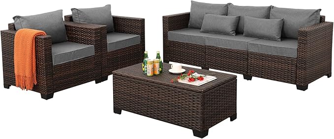 Outdoor Patio Furniture Set 4 Pieces Wicker Outdoor Furniture Chairs and Sofa Patio Storage Table Non-Slip Cushions and Waterproof Covers, Dark Grey