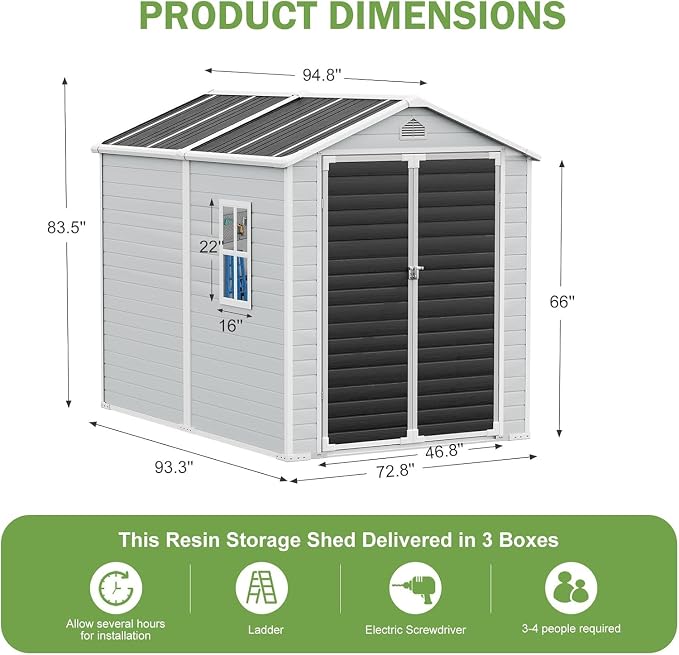 8x6 FT Outdoor Storage Shed, Waterproof Resin Shed with Floor Included & Lockable Door & Window & Vents, Outside Plastic Sheds for Backyard, Patio, Poolside, Lawn, Dove Grey - Image 7