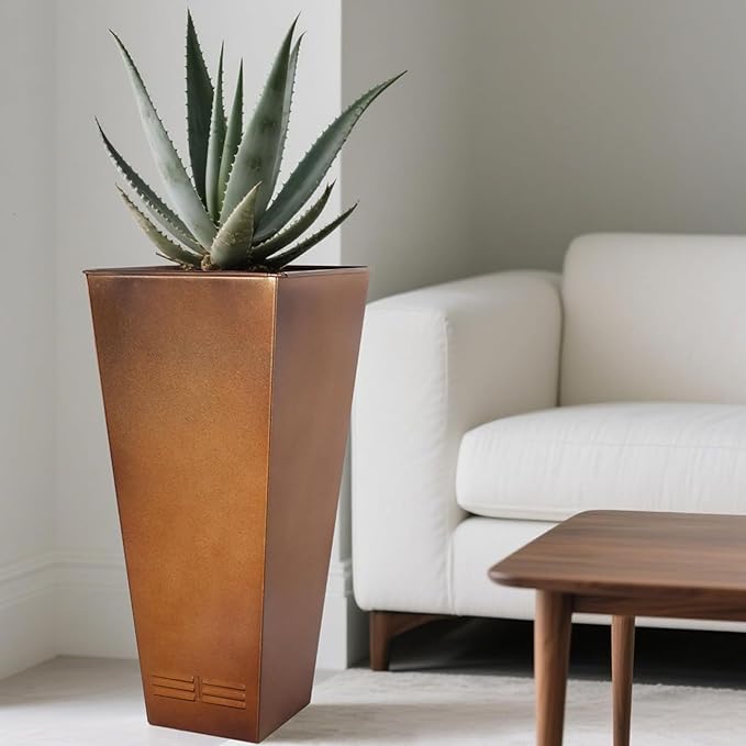 Worth 2 Pack 28" Tall Large Metal Planter, Tapered Steel Flower Pots with Insert Plate with Drain Holes & Air Vents for Indoor or Outdoor Use, Bronze