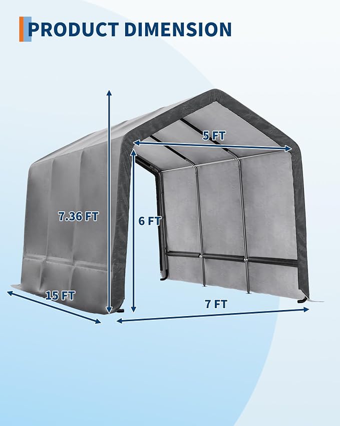 GarveeLife Portable Outdoor Storage Shed with Roll-Up Zipper Door & Vent, 240G Heavy-Duty Shelter Waterproof PE Tarp, UV-Resistant Carport for Motorcycle, Firewood, Tools (Khaki, 7'x15') - Image 6