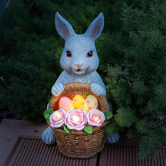 Bunny Easter Decorations Outdoor, Solar Rabbit Garden Statue, Unique Outside Lawn Animal Ornaments for Patio Clearance Balcony Court, Great Housewarming Gifts to Mom Women Birthday Mother's Day