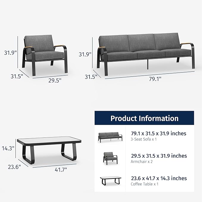 East Oak 5 Seats Patio Furniture Set, Waterproof Outdoor Patio Furniture with Thick Cushion, 4-Piece Outside Conversation Set with Coffee Table for Garden and Yard, Misty Grey