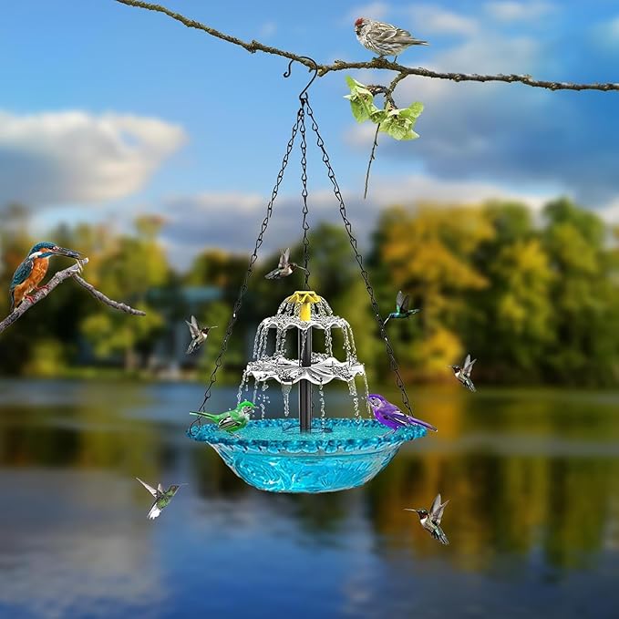 Solar Cascade Hanging Bird Bath Fountain, Tiered Cascade Solar Water Fountains No Wiring, Attracts Hummingbirds & Garden Birds for Outdoors Garden Patio Backyard Lawn Decor (Blue)