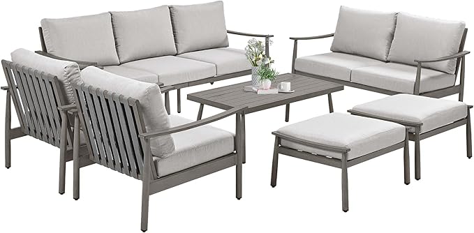 HAPPATIO Patio Outdoor Furniture Set - 7 Pieces Aluminum Outdoor Conversation Set Includes 1 Three-Seater Sofa, 1 Coffee Table, 1 Loveseat, 2 Armchairs and 2 Ottomans for Porch, Yard, Lawn (Grey)