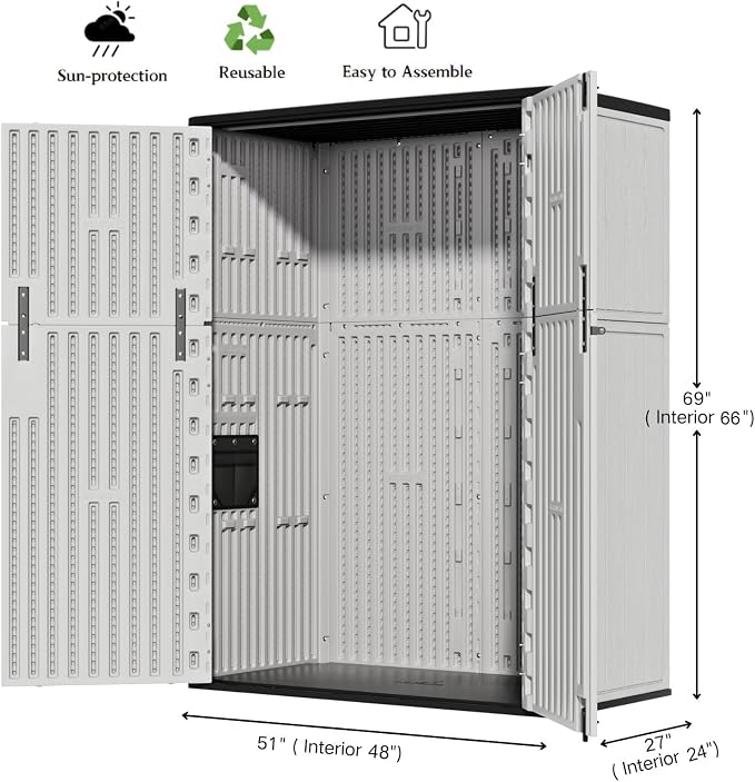 ZZM 57 Cu.ft Outdoor Storage Shed HDPE Storage Cabinet, Double-Wall Resin Sheds with Floor Vertical Lockable Sheds Garden Tools Trash Can, Lawn Mower, Bike Storage, Waterproof, Gray - Image 6
