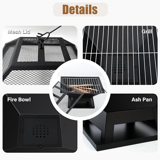 19.8inch Portable Small Fire Pit with a Removable Ash Pan, Fire Poker, Mesh Lid, 2 in 1 Square Outdoor Fireplace for BBQ, Outside Heating, Bonfire Party, Camping, Backyard, Patio, RV Trip - Image 7