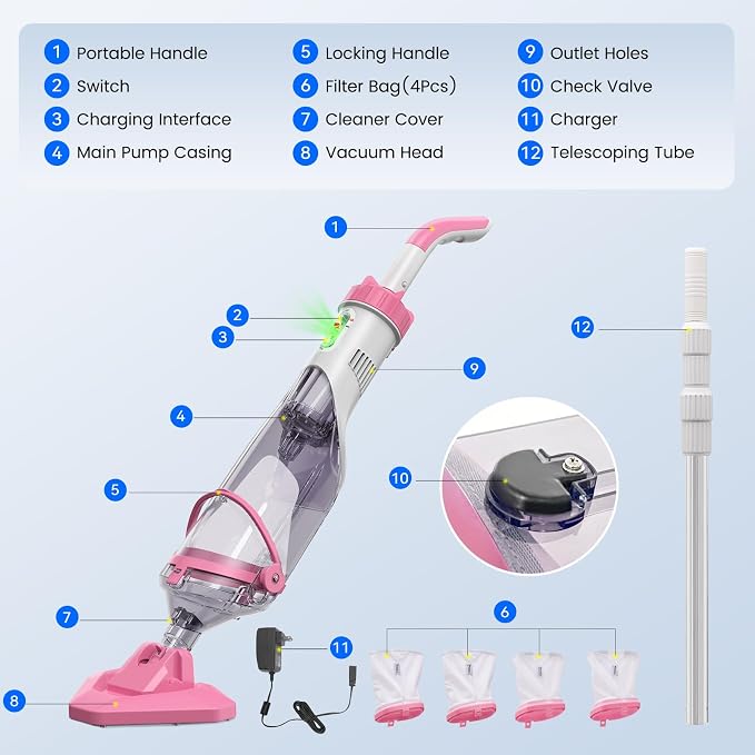 Enhulk Pool Vacuum for Above Ground Pool with a Telescopic Pole, Running time up to 1H, Handheld Rechargeable Pool Cleaner with Powerful Suction up to 18.5 GPM, Ideal for Leaves & Debris, PC10 Pro - Image 8