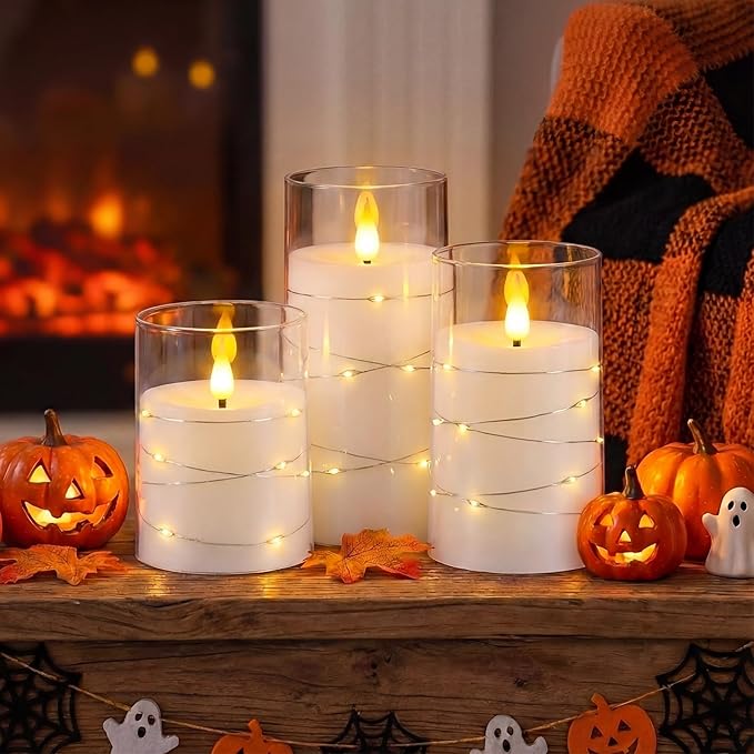 Homemory Flameless Candles with Embedded Star String Fairy Lights, Battery Operated Candles, LED Candle, Fake Candles with Remote Control and Timer, White, Set of 3(H 4" 5" 6?€?)
