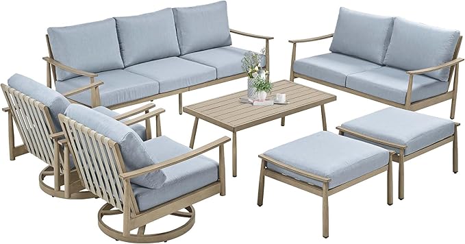 HAPPATIO Patio Outdoor Furniture Set - 7 Pieces Aluminum Outdoor Conversation Set Includes 1 Three-Seater Sofa, 1 Loveseat, 1 Coffee Table, 2 Swivel Chairs and 2 Ottomans for Porch, Lawn (Brown)