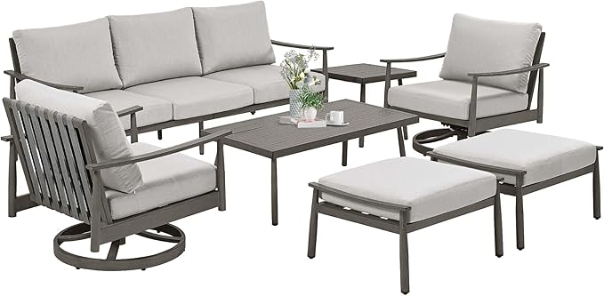 HAPPATIO Patio Outdoor Furniture Set - 7 Pieces Aluminum Outdoor Conversation Set Includes 1 Three-Seater Sofa, 1 Side Table, 1 Coffee Table, 2 Swivel Chairs and 2 Ottomans for Porch, Lawn (Grey)