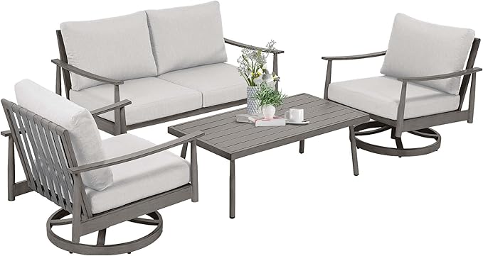 HAPPATIO Patio Outdoor Furniture Set - 4 Piece Aluminum Patio Conversation Set with 1 Coffee Table, 2 Swivel Chairs and 1 Loveseat, Aluminum Outdoor Furniture Set for Backyard Deck Poolside (Grey)