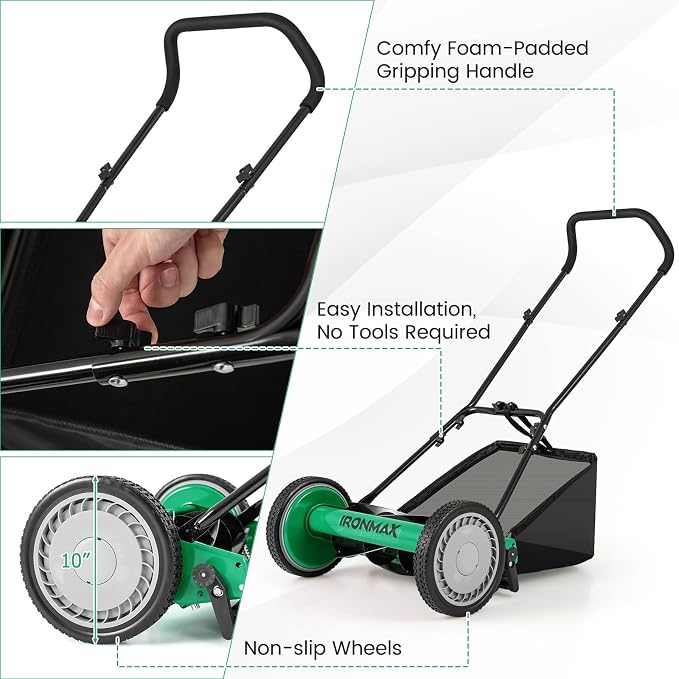 IRONMAX Lawn Mower, 16 Inch Push Reel Lawn Mower with 5 Steel Blades, Adjustable Cutting Heights, Grass Catcher Bag, Walk-Behind Manual Lawnmower for Garden Park Yard, No Motor (Green, 16 Inch) - Image 9