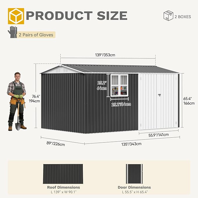 DWVO 12x8ft Large Tool Storage Shed with Window, Lockable Doors, and Sloped Roof, Oversized Steel Outdoor Storage Shed for Garden, Patio, Garage, Backyard, Lawn(Gray + White) - Image 9