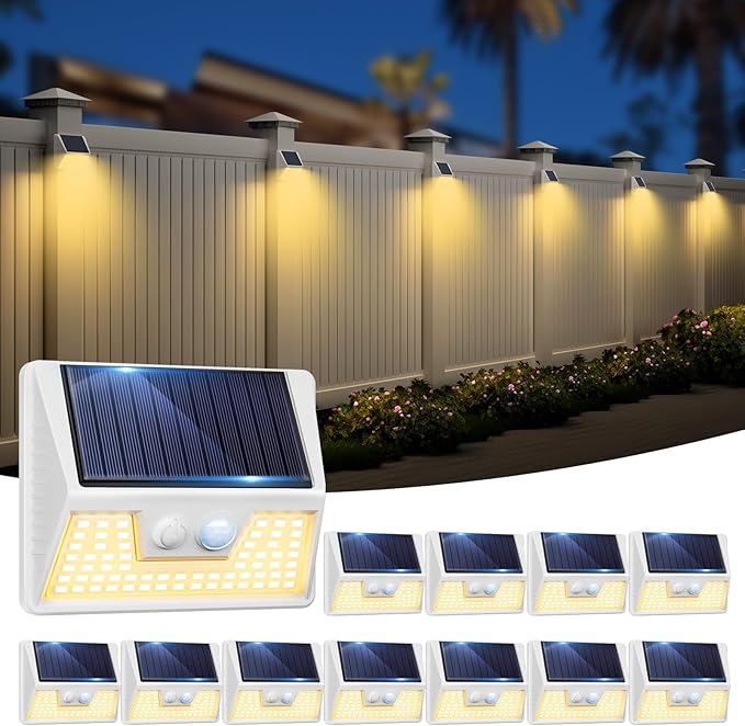 12Pack White Solar Lights Outdoor Motion Sensor, 3000K Warm Light/3 Lighting Modes, IP65 Waterproof Solar Powered Wall Lights Outside for Garden Fence Backyard Deck Driveway