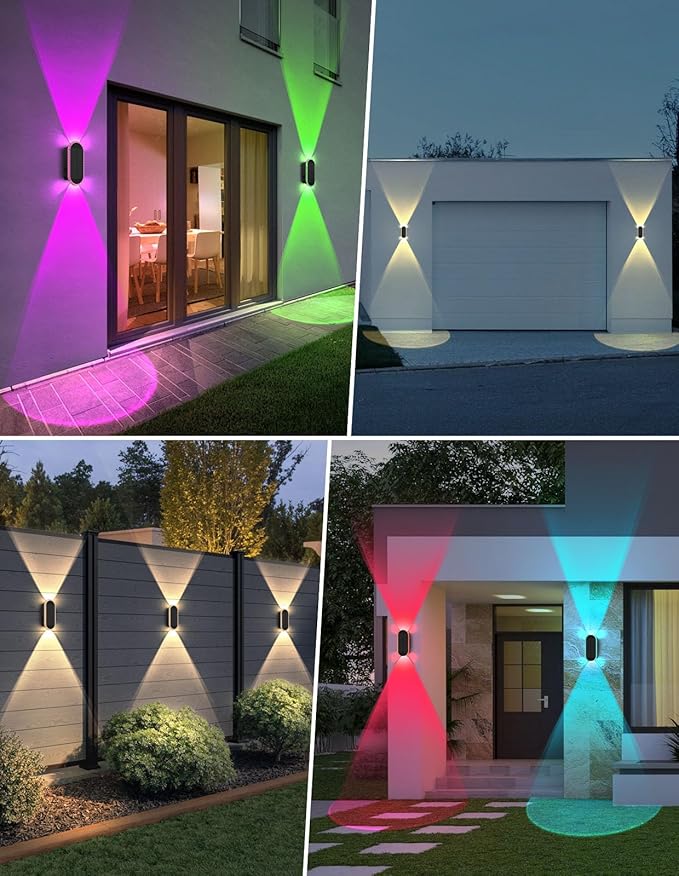 Solar Fence Lights Outdoor, Warm White & RGB 8 Modes Solar Wall Lights Outdoor Waterproof, Up&Down Dual-Head Outdoor Solar Lights for Yard House Fence Backyard Deck Garden Patio Porch, 2 PK