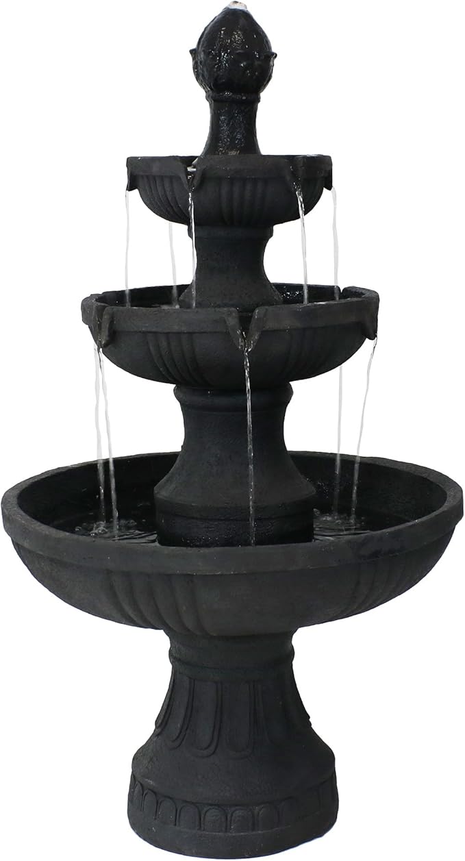 Sunnydaze Flower Blossom 43" Tiered Outdoor Water Fountain - 3-Tiered Outdoor Fountain for Garden, Patio, or Backyard - Black Finish