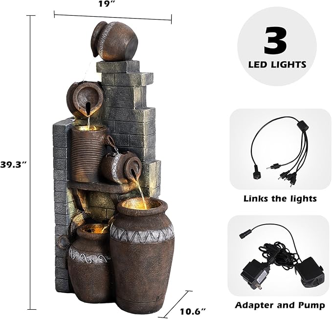 Grepatio Outdoor Water Fountain, Garden Waterfalls Fountains with LED Lights, 6 Tier Modern Indoor/Outdoor Floor Standing Water Fountain for Garden, Patio (10.6"(L) x 19"(W) x 39.3"(H))