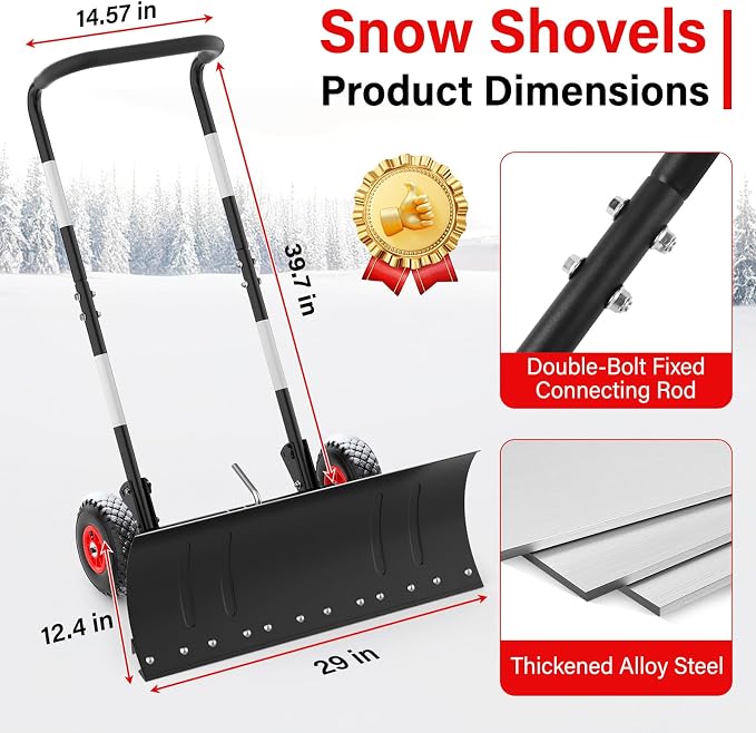 Snow Shovel Pusher for Driveway,Heavy Duty Steel Snow Shovel with Wheels,29 in Angled Blade Efficient Snow Removal,3 Level Adjustable Height Handle,Snow Plow with Safety Reflective Tape - Image 7
