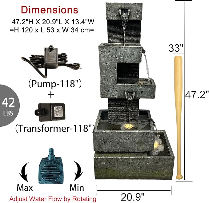 Garden Fountains Outdoor Water Fountain - 47.2 Inches 4 Tired Modern Indoor Floor Standing Outdoor Fountain with Lights Pump for Garden Patio Backyard Porch Home Art Decor