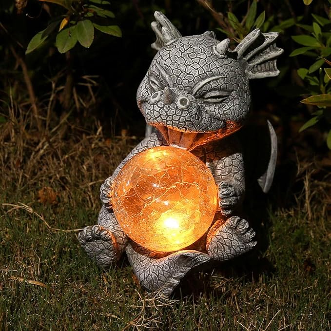 Solar Powered Garden Dragon Statue with Glowing Glass Ball - Outdoor Decoration, Automatic Dusk to Dawn, Weather Resistant Sculpture for Gardens, courtyards, and terraces - Unique Gift
