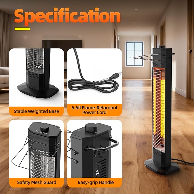 Outdoor Electric Patio Heater, Haimmy 34- inch Outdoor Electric Patio Heater, 1500W Instant Heating, 3 Heat Levels, Tip-Over & Overheat Protection, IPX5 Waterproof Portable Garage Heater Porch Indoor