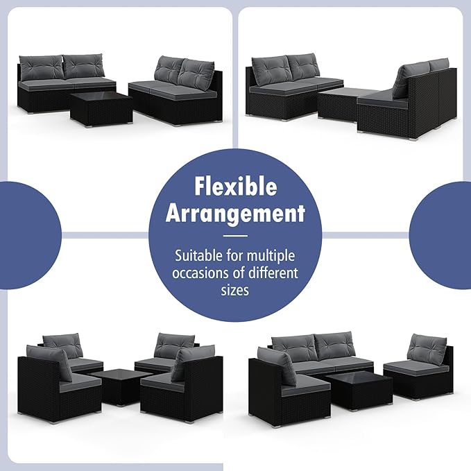 Tangkula 5 Piece Rattan Sofa Set, Outdoor Wicker Furniture Set w/Seat & Back Cushions, Square Coffee Table, Patio Sectional Sofa Set for Backyard, Poolside, Garden (Grey)