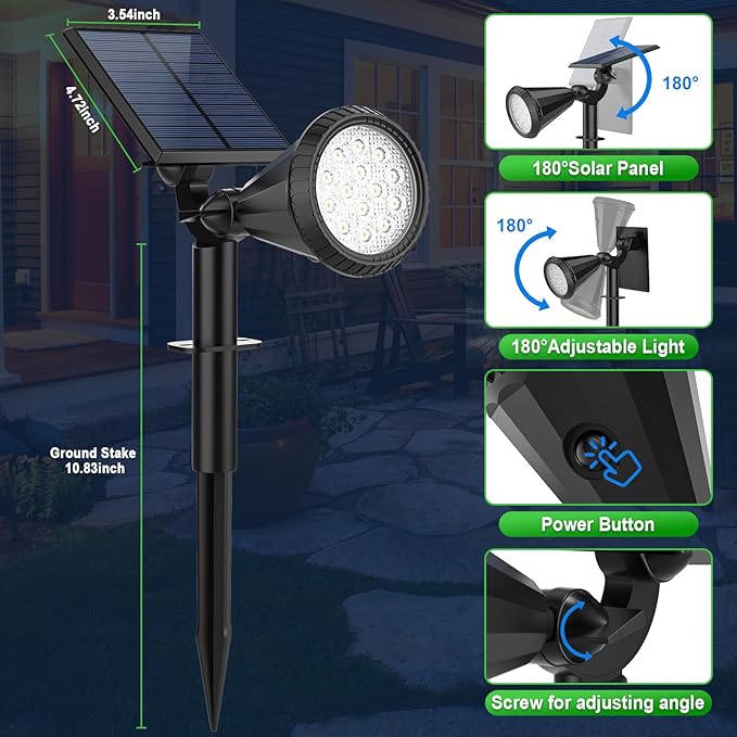 Solar Spot Lights Outdoor Waterproof 180° Adjustable Solar Powered Landscape Lights for Yard 4 Lighting Modes Solar Spotlights for Pathway Garden Outside Wall Pool Porch (2 Pack, Warm White)