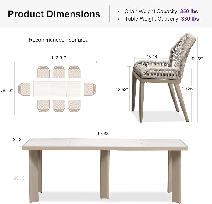 PURPLE LEAF 9 Pieces Patio Dining Set Aluminum Modern Rectangular Table and Wicker Chairs with Cushions for Kitchen Porch Garden Outdoor Furniture Sets, Champagne - Image 9