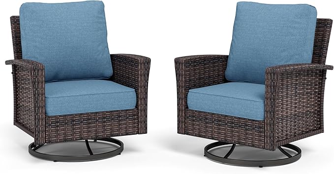 Swivel Patio Wicker Chairs Set of 2, High Back Outdoor Swivel Patio Rattan Chairs with 5.5" Thick Cushions for Bistro Balcony Porch Deck and Yard, Navy Blue