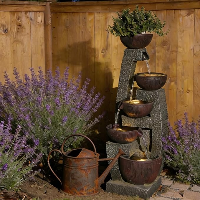47.4" Large Outdoor Water Fountain with Planter Top & LED Lights, 5-Tier Cascading Garden Water Fountain, Modern Patio Waterfall Feature for Backyard, Patio & Lawn, Indoor & Outdoor Decor