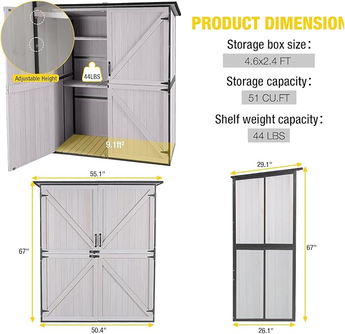 Aivituvin Shed Outdoor Storage Cabinet with Durable Metal Frame Waterproof Garden Tool Storage with Adjustable Shevels and Floor for Backyard Garden Patio Lawn, 55" L, Off White - Image 6