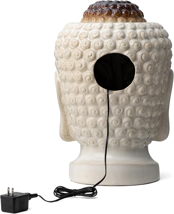 Glitzhome Buddha Head Ceramic Outdoor Fountain with LED Lights, Zen-Style Outdoor Water Fountains for Porch Deck Garden Patio Backyard, Sand Beige Textured Glaze Floor Table Water Fountain, 18.75" H